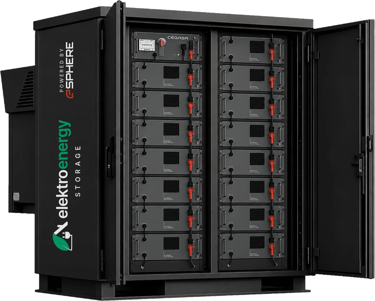 Black Volt Nano mit geöffneten Türen und der Aufschrift elektroenergy STORAGE, powered by eSphere
