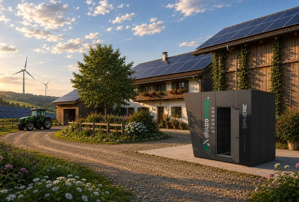 Speicher mit der Aufschrift elektroenergy STORAGE, powered by eSphere, auf einem Bauernhof mit PV-Dach