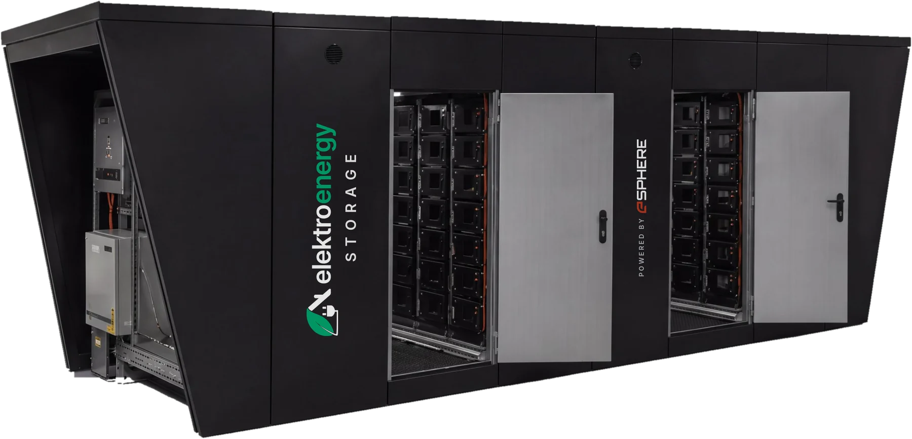 Großspeicher Black Volt Nexus mit der Aufschrift elektroenergy STORAGE und powered by eSphere